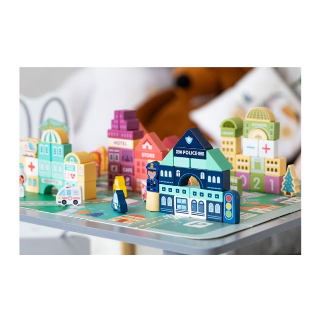 Σετ Ξύλινα Εκπαιδευτικά Παιδικά Τουβλάκια με Χαλάκι Πόλη 121 τμχ Ecotoys MA427