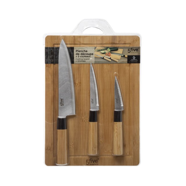 Σετ Ξύλινη Επιφάνεια Κοπής από Μπαμπού με 3 Μαχαίρια 4 τμχ 5Five Simply Smart 151484