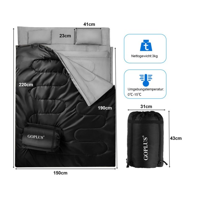 Sleeping Bag Διπλό με 2 Μαξιλάρια 220 x 150 cm Costway OP3650BK