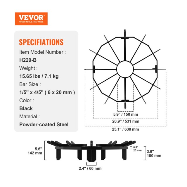 Στρογγυλή Ατσάλινη Σχάρα Τζακιού Χωρίς Σταχτοθήκη 63.8 cm VEVOR LXYMP6X20MM27JRUUV0