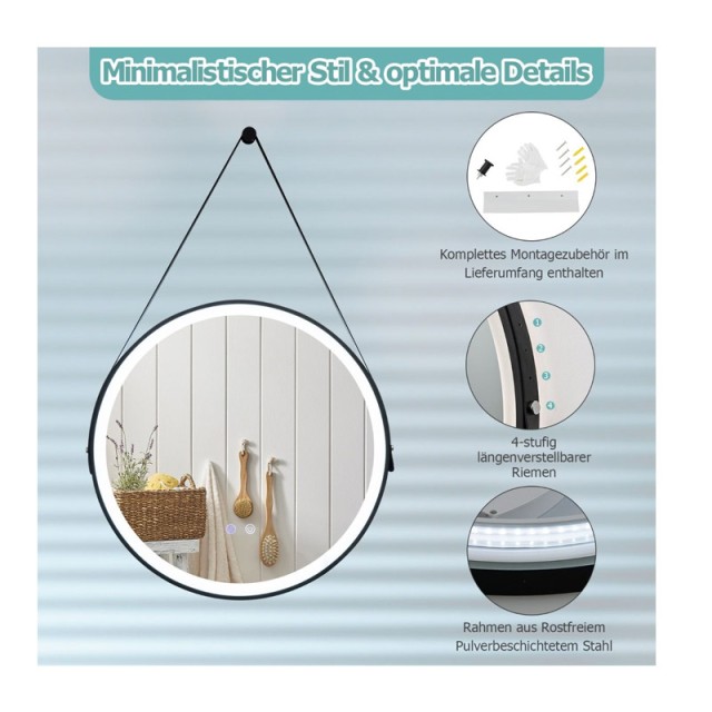 Στρογγυλός Επιτοίχιος Μεταλλικός Καθρέπτης Μπάνιου με LED Φωτισμό 60 cm Costway BA7801DE