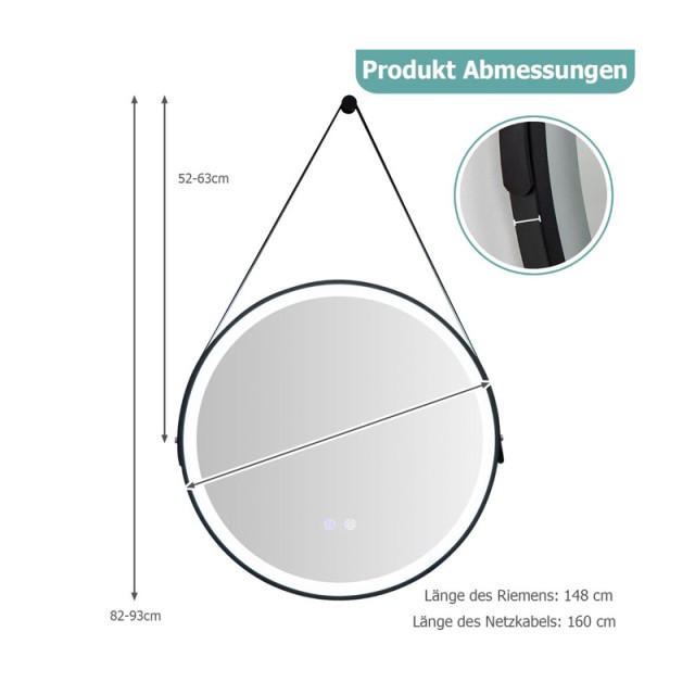 Στρογγυλός Επιτοίχιος Μεταλλικός Καθρέπτης Μπάνιου με LED Φωτισμό 60 cm Costway BA7801DE