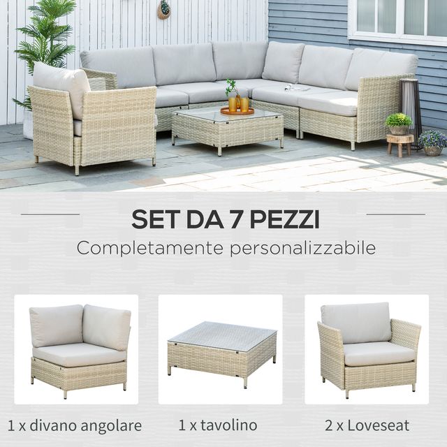Outsunny 7 τεμαχίων Modular PE Rattan Garden Lounge σετ με μαξιλάρια, μπεζ 860-253V00BG