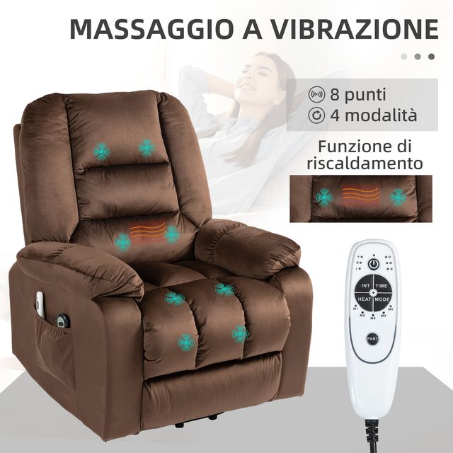 HOMCOM Relaxing Lift Chair, Ανακλινόμενη, Μασάζ και Θερμαινόμενη σε Βελούδινο, Καφέ 713-160V90DR