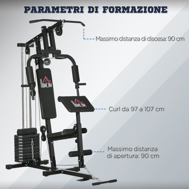 HOMCOM Multifunction Fitness Station Power Tower με βάρη έως 45 κιλά και πάγκο με επένδυση, 135x103x210 cm A91-177