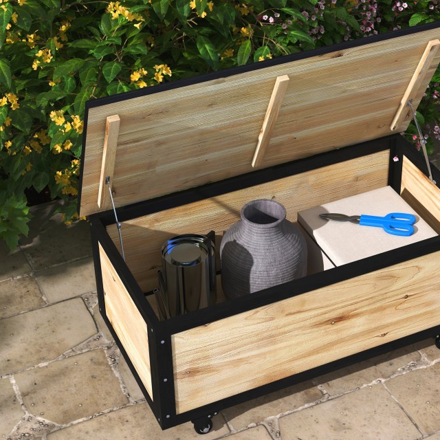 Πάγκος αποθήκευσης Outsunny 121L με 4 τροχίσκους και λαβές από ξύλο και ατσάλι, 100x50x43cm, Χρώμα ξύλου 84G-322V00ND