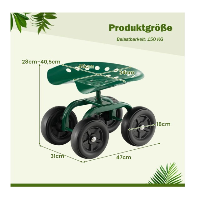 Τροχήλατο Κάθισμα Κήπου 47 x 31 x 28-40.5 cm Costway GT4029GN