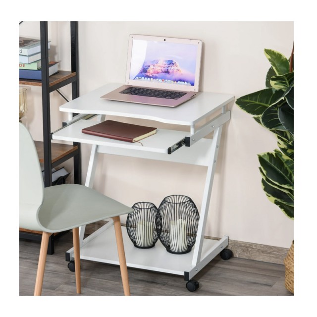 Τροχήλατο Μεταλλικό Γραφείο Υπολογιστή με Θέση για Πληκτρολόγιο 60 x 48 x 73 cm Χρώματος Λευκό HOMCOM 836-293WT