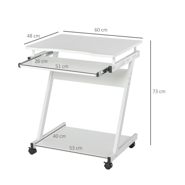 Τροχήλατο Μεταλλικό Γραφείο Υπολογιστή με Θέση για Πληκτρολόγιο 60 x 48 x 73 cm Χρώματος Λευκό HOMCOM 836-293WT