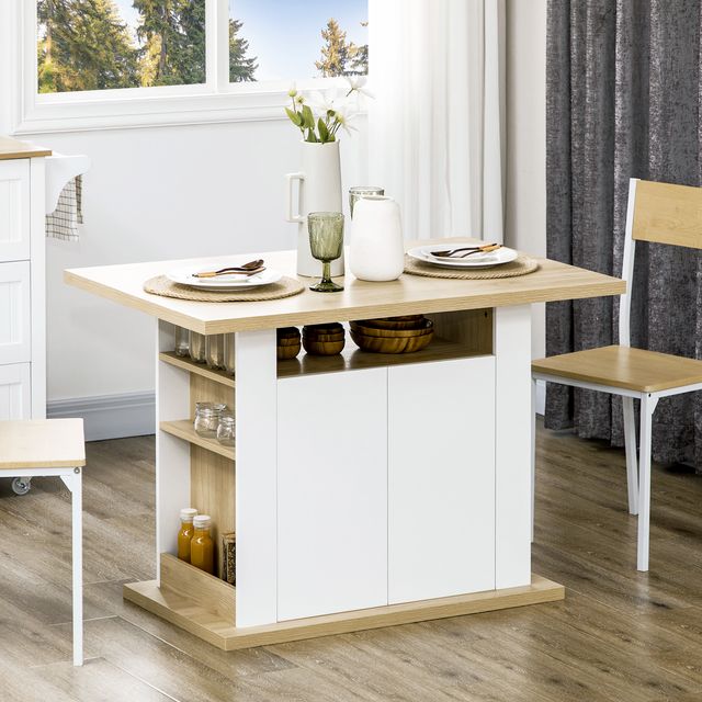 HOMCOM Kitchen Island για 4-6 άτομα με ντουλάπια και ανοιχτά ράφια, σε μοριοσανίδα, 110x70x75,5 cm, λευκό και χρώμα ξύλου 835-892V81AK