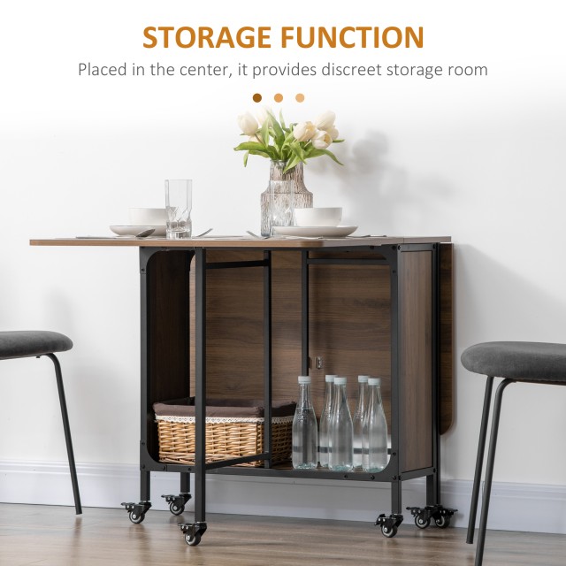 Πτυσσόμενο τραπέζι HOMCOM με 6 ρόδες και ράφι βιομηχανικού στυλ σε ξύλο και μέταλλο, ανοιχτό καφέ 835-789V00LR