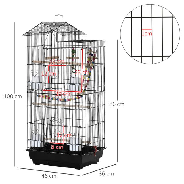PawHut Bird Cage με σκάλα, κούνια, μπολ και παιχνίδια, σε ατσάλι, PP και ξύλο, 46x36x100 cm, μαύρο D10-081