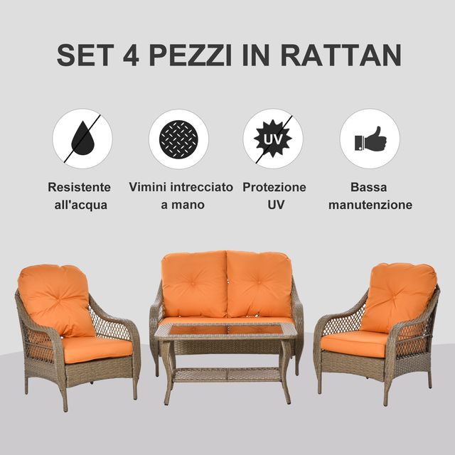 Σετ έπιπλα κήπου Outsunny σε PE Rattan με 2 πολυθρόνες, καναπέ και τραπεζάκι σαλονιού και μαξιλάρια, χακί και πορτοκαλί χρώμα 860-149