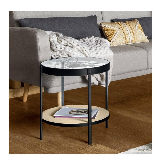 Βοηθητικό Μεταλλικό Στρογγυλό Τραπεζάκι Σαλονιού με Γυάλινη Επιφάνεια και 1 Ξύλινο Ράφι 51 x 51 x 49 cm Atmosphera 157207