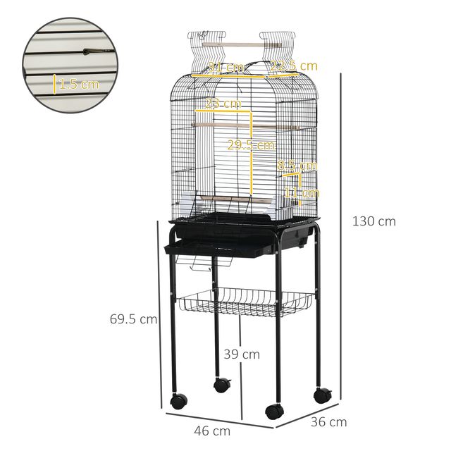 PawHut Bird Cage με 3 κούρνιες, 2 μπολ και 2 πλαϊνές πόρτες, σε ατσάλι, PP και ξύλο, 46x36x130 cm, Μαύρο D10-077