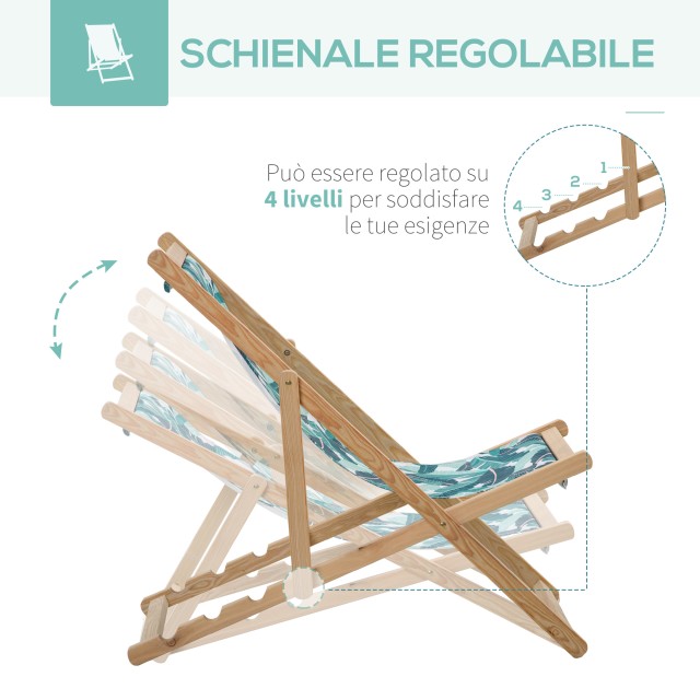 Outsunny Σετ 2 πτυσσόμενες ξύλινες ξαπλώστρες κήπου με ανακλινόμενη πλάτη 4 επιπέδων, Tropical Fantasy 84B-843