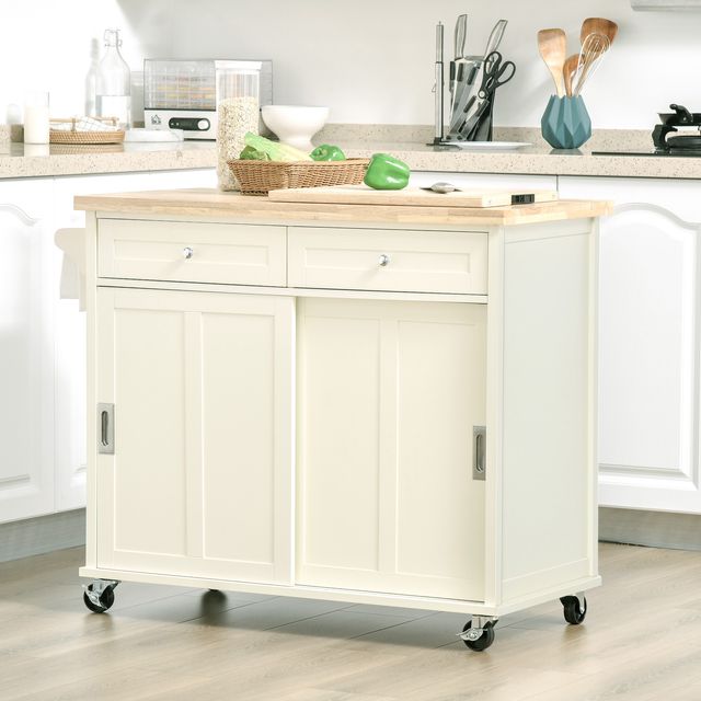 HOMCOM Kitchen Island για σκεύη και αξεσουάρ με συρτάρια, ντουλάπι και κρεμάστρα για πετσέτες, 110x49,5x89,5 cm, Λευκό 801-171