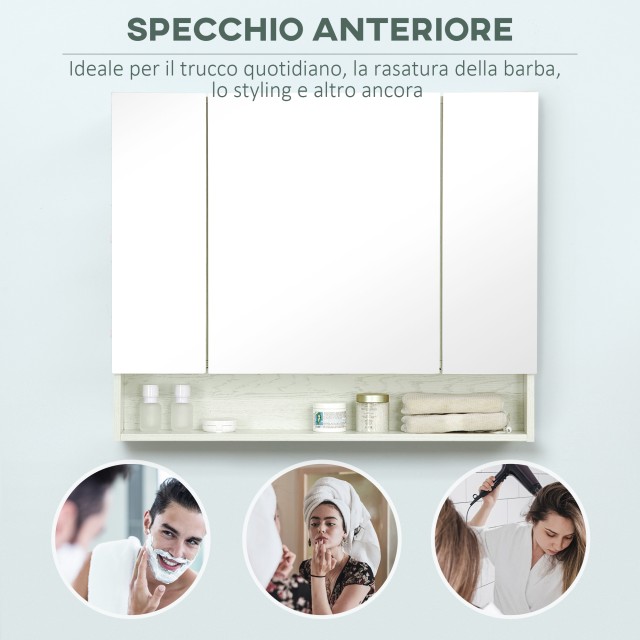 kleankin Ντουλάπα καθρέφτη μπάνιου με ρυθμιζόμενα ράφια, 3 πόρτες και μπουφέδες, 90x15x75cm 834-425WT