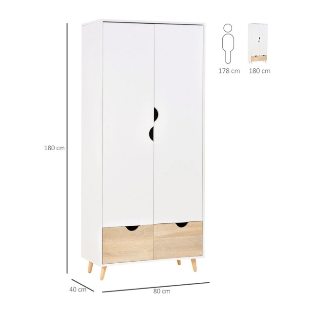 Ξύλινη Δίφυλλη Ντουλάπα με 2 Συρτάρια 80 x 40 x 180 cm HOMCOM 831-290