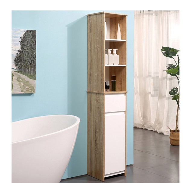 Ξύλινη Στήλη Μπάνιου με 1 Ντουλάπι και 3 Ράφια 32.6 x 30 x 171.2 cm Kleankin 834-318