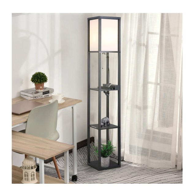 Ξύλινο Φωτιστικό Δαπέδου με 3 Ράφια και 2 Θύρες USB E27 40 W HOMCOM 833-623V02