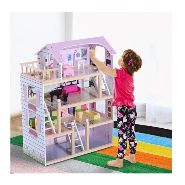 Ξύλινο Κουκλόσπιτο με 4 Ορόφους και Αξεσουάρ 60 x 30 x 80 cm HOMCOM 350-011
