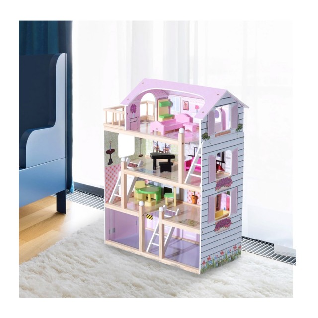 Ξύλινο Κουκλόσπιτο με 4 Ορόφους και Αξεσουάρ 60 x 30 x 80 cm HOMCOM 350-011