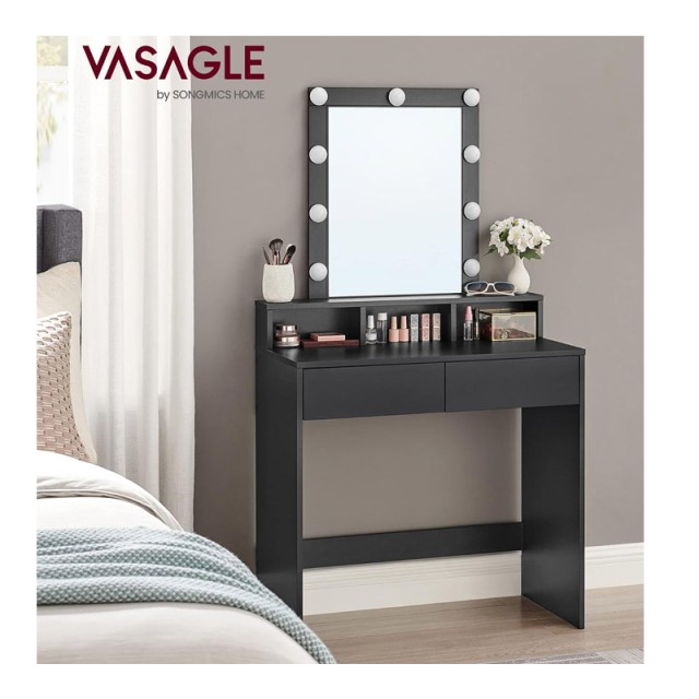 Ξύλινο Μπουντουάρ με Καθρέπτη και Φωτισμό 80 x 40 x 145 cm Χρώματος Μαύρο VASAGLE RDT114T16