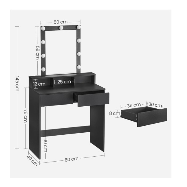 Ξύλινο Μπουντουάρ με Καθρέπτη και Φωτισμό 80 x 40 x 145 cm Χρώματος Μαύρο VASAGLE RDT114T16