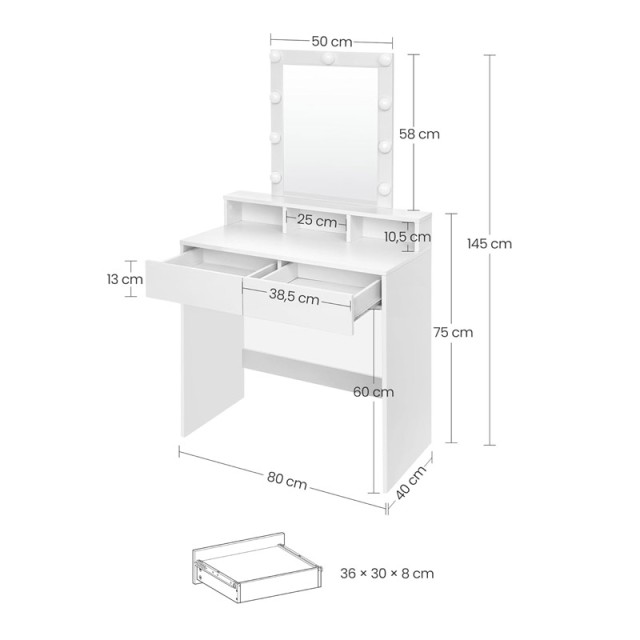 Ξύλινο Μπουντουάρ με Καθρέπτη και Φωτισμό 80 x 40 x 145 cm VASAGLE RDT114W01