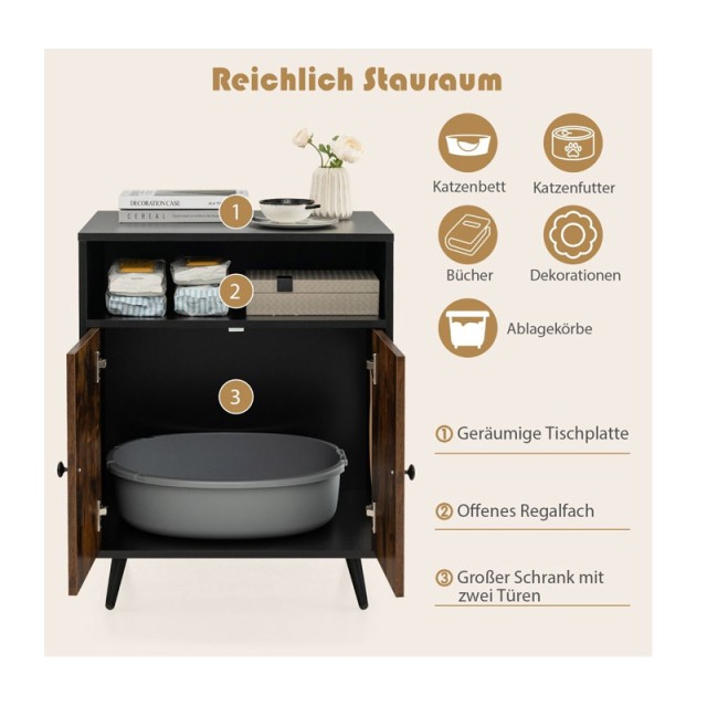 Ξύλινο Ντουλάπι για Αμμολεκάνη Γάτας με 2 Πόρτες 60 x 45 x 75 cm Costway PV10077CF