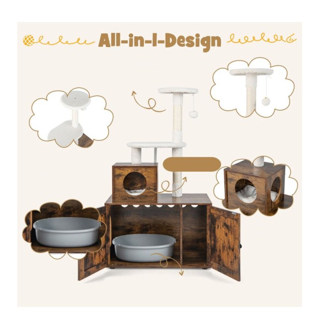 Ξύλινο Ντουλάπι για Αμμολεκάνη Γάτας με Στύλο Γρατζουνίσματος Νυχιών 77.5 x 48.5 x 132 cm Costway PV10055CF