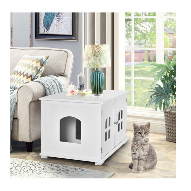 Ξύλινο Ντουλάπι με 2 Πόρτες για Αμμολεκάνη Γάτας 81 x 53 x 49 cm Costway PS7425WH