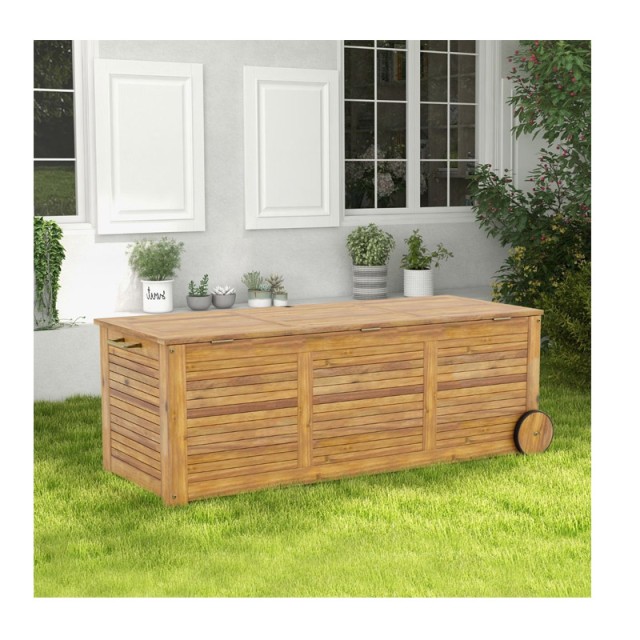 Ξύλινο Τροχήλατο Μπαούλο Κήπου με Αδιάβροχη Εσωτερική Τσάντα 182 Lt 127 x 50 x 45 cm Costway OP71258