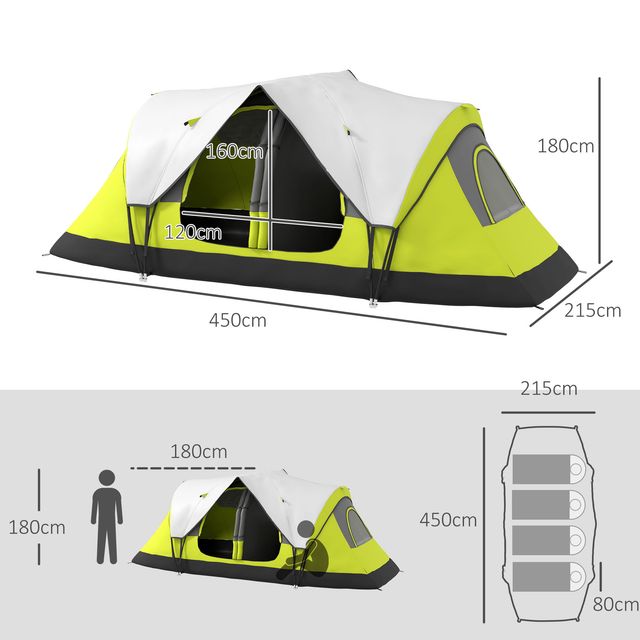 Σκηνή Camping Outsunny 4 ατόμων με 2 Χώρους Χώρους, από Πολυεστέρα και Fiberglass, 450x215Px180 cm, Πράσινο A20-422V00YG