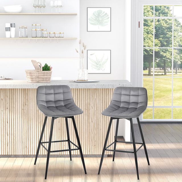 HOMCOM Σετ 2 σκαμπό μπαρ Καρέκλες με ταπετσαρία Nordic Style Γκρι βελούδο 835-271GY