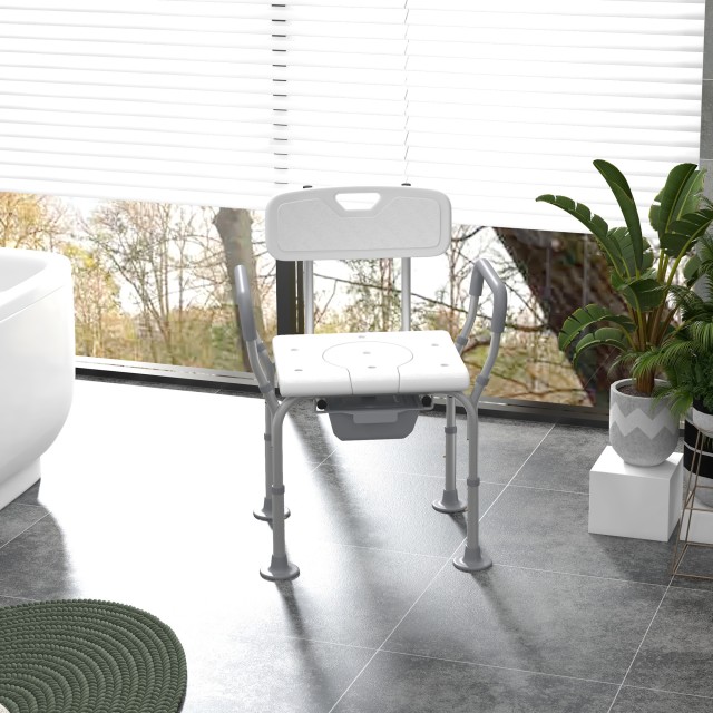 HOMCOM 3 σε 1 καρέκλα ντους με πλάτη και μπράτσα, ρυθμιζόμενο ύψος και αντιολισθητικά πόδια, λευκό 713-136V00WT