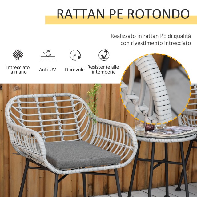 Σετ Έπιπλα Κήπου Outsunny σε PE Rattan με 2 καρέκλες και Τραπεζάκι σαλονιού με γυάλινο ράφι, γκρι 863-085