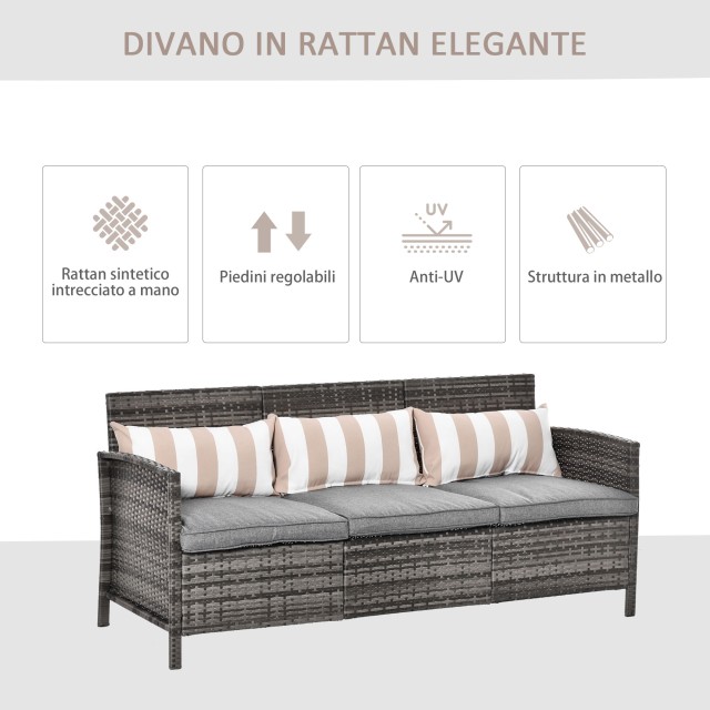 Outsunny 3-θέσιος καναπές εξωτερικού χώρου σε Rattan (PE) με επένδυση και αφαιρούμενα μαξιλάρια, Κήπος/Βεράντα, 173x68x78cm 860-085