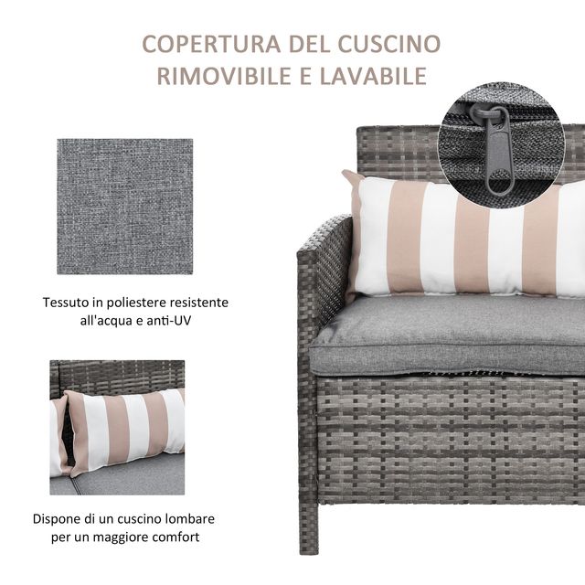 Outsunny 3-θέσιος καναπές εξωτερικού χώρου σε Rattan (PE) με επένδυση και αφαιρούμενα μαξιλάρια, Κήπος/Βεράντα, 173x68x78cm 860-085